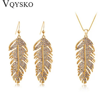 

Christmas holiday sale Gold Color Feather Design rhinestone austrian crystal Jewelry Sets