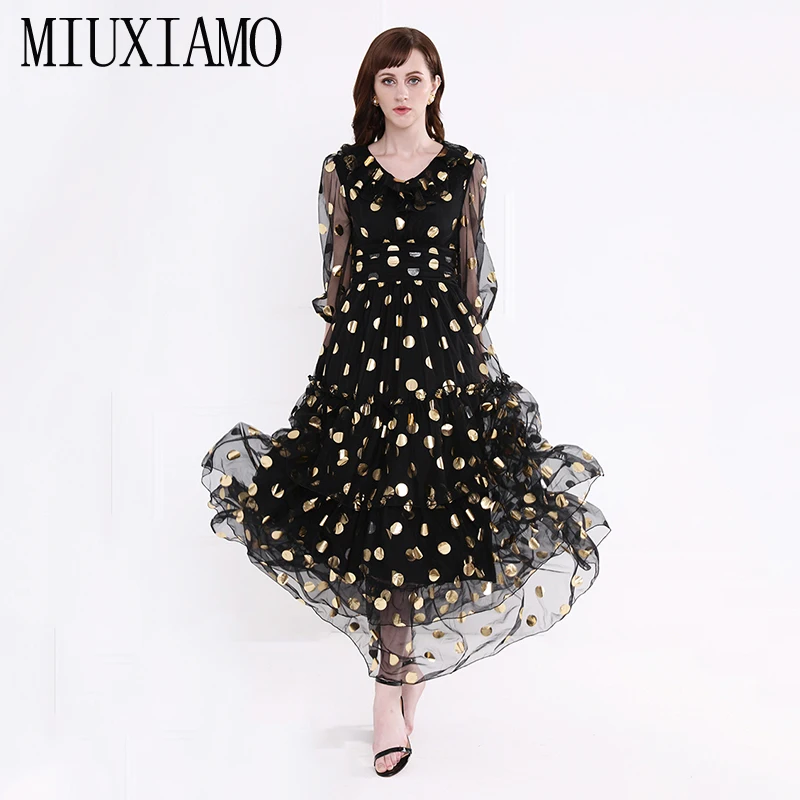 

MIUXIMAO Custom Plus Size Dress 2019 Summer Maxi Dress New Arrival V-Neck Golden Point Floor-Length Cake Long Dress Women