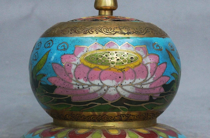 

9CM Old China Royal Buddhism Wealth Cloisonne Lotus Flower Incense Burner Censer