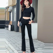 Высокая эластичность длинные джинсовые расклешенные брюки Летние черные джинсы Высокая талия тонкие джинсы женские брюки Femme Джинсы размер S-2XL Новинка