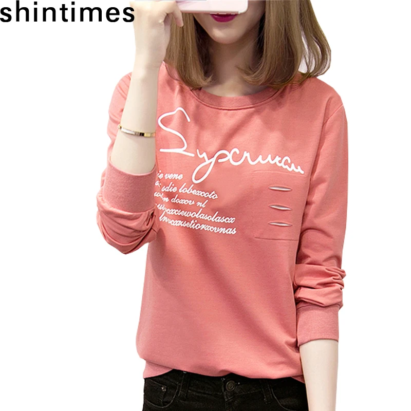 

shintimes Plus Size T- Shirt Women Hole Tee Shirt Femme Korean Fashions Letter Print O-Neck Long Sleeve Casual Women Tshirt Tops