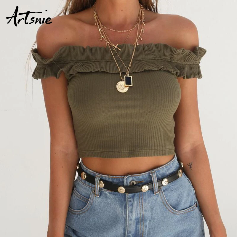 

Artsnie Off Shoulder Ruffles Sexy Party Women Camis Summer 2019 Knitted Crop Tops Mujer Backless Beach Camisole Cropped Feminino