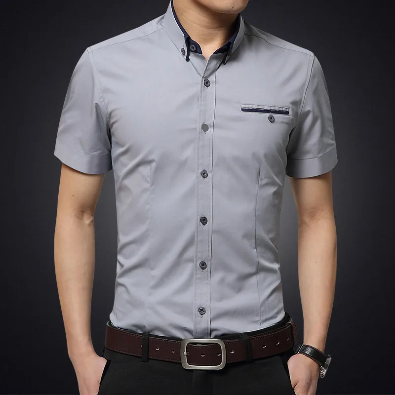 

2018 New Brand Men Shirts Short-sleeved Summer High Quality Dress Solid Solid Casual Color Solid Collar Dress Shirts 4XL M663