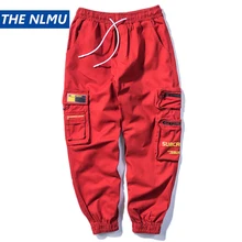 Мужская Уличная одежда, штаны для бега в стиле хип-хоп, штаны для бега с несколькими карманами, мужские повседневные штаны Харадзюку, брюки-карго, спортивные штаны Красного цвета WB48
