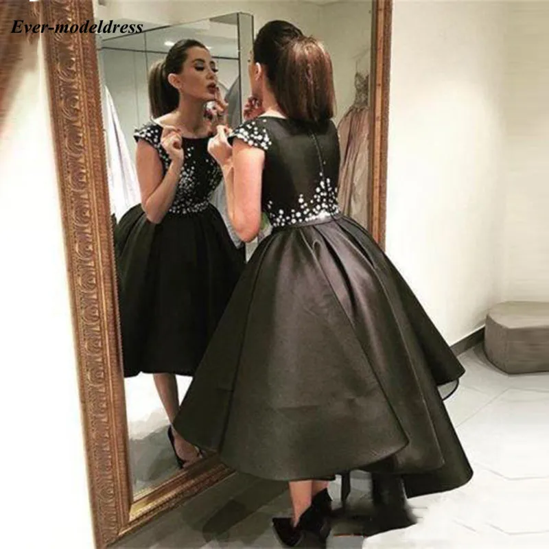 Glamorous-Scoop-Neck-Short-Ball-Gown-Bridesmaid-dresses-2018-Sparkly-Black-Satin-Formal-Prom-Gowns-party