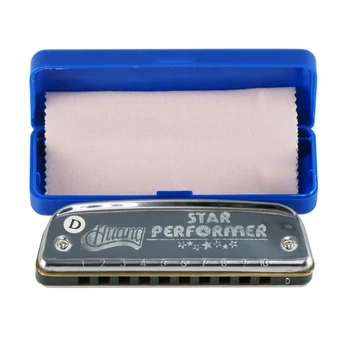 

Huang 10 Holes Harmonica Diatonic Blues Key of D 20 Tone Harp Mouth Organ Silver with Case for Beginner