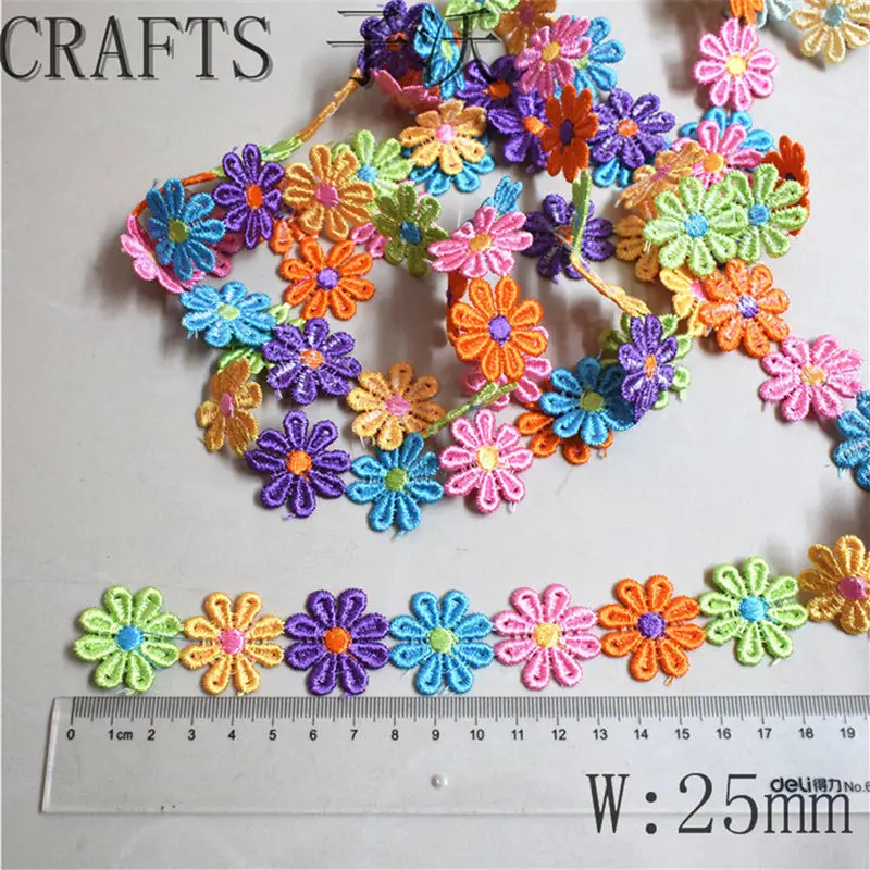 

6colors Colorful Dainty Flowers Daisy Polyester Lace Trim Embroidered Lace Ribbon For Sewing Craft Wedding