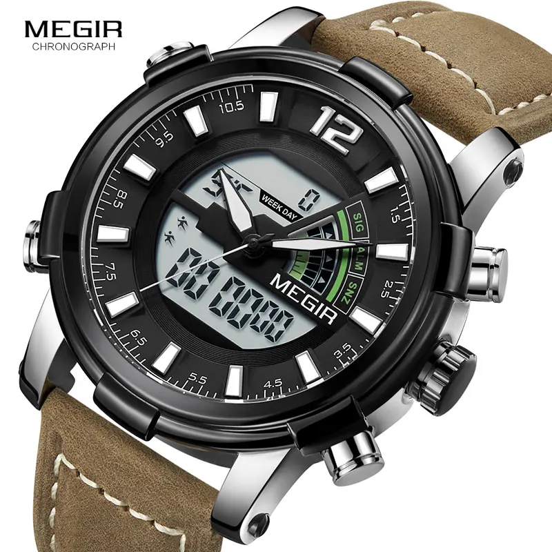 

Megir Men's Multiple Time Zone Quartz Watches Digital Chronograph Wrist Watch for Man Leather Strap Luminous 2089G Silver Black