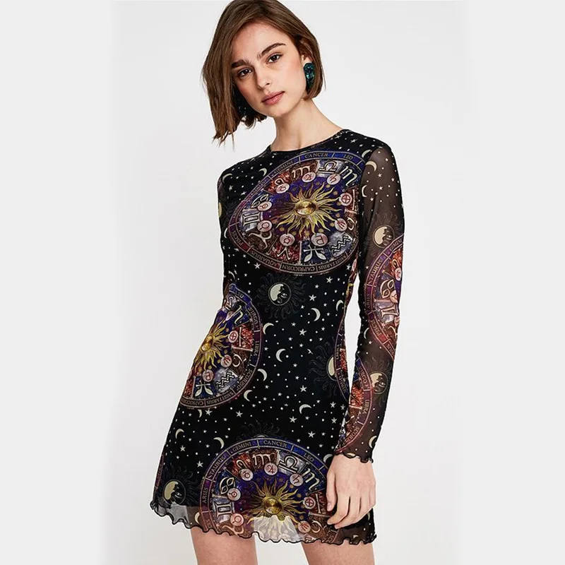 

Gothic Moon Sun Women Mini Dress Sexy See-Through Floral Print Dress Long Sleeve Party Mini Dress Vestidos Femininos Robe