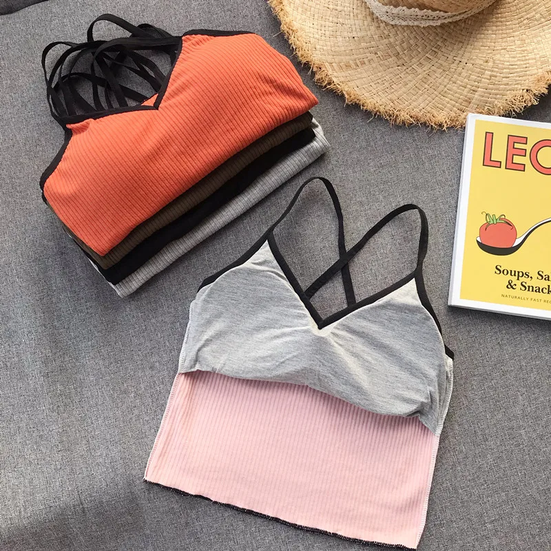 Girls Crossed Straps Short Camis Tops With Seperated Bra Women Padding Tanks Crop Tops For Female