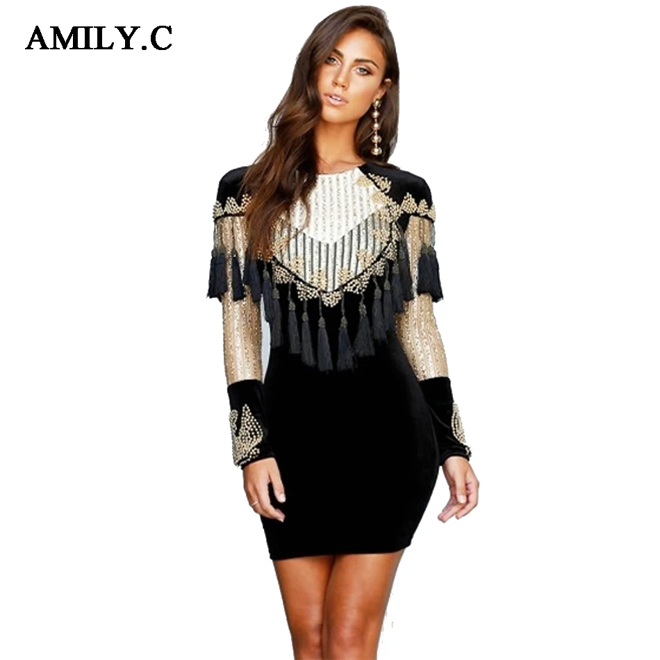 

Amily.c 2018 New Summer Women Velvet Dress Gold Black Tassels Sequined Long Sleeve Mesh Bodycon Celebrity Party Dresses Vestidos