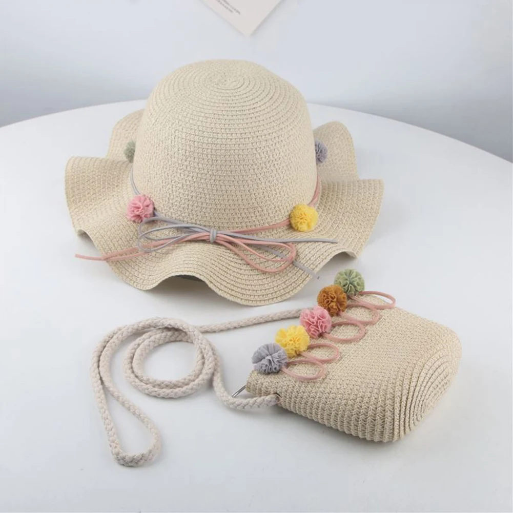 Дети Девочка анти-УФ соломенная шляпа детский летний солнцезащитный щит пляж волнистый солнцезащитный колпачок сумка