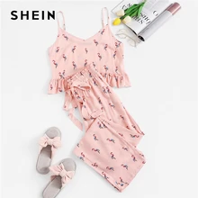 SHEIN Топ С Оборкой И Графическим Принтом И Брюки Пижама Комплект Летний Женский Комплект Без Рукавов
