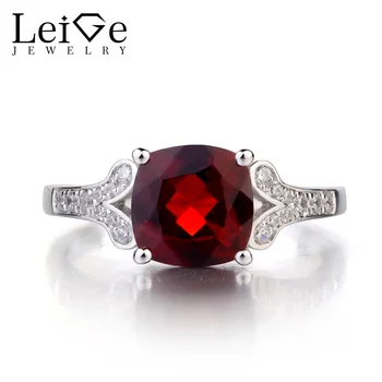 

Leige Jewelry Natural Garnet Solid 925 Sterling Silver Ring Red Gemstone Cushion Cut January Birthstone Engagement Ring for Her