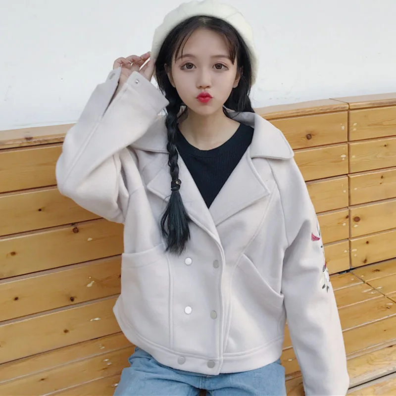 

Preppy Style Short Wool Blend Ladies Coat Hand-painted Women's Jacket Single Breasted Korean Womens Fashion Coat