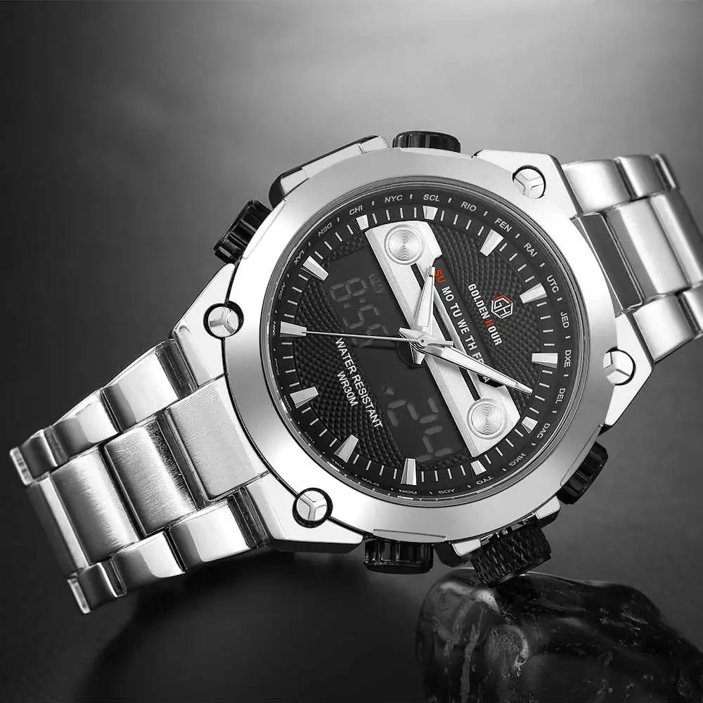 

2018 Top Brand Luxury Dual Time Digital Watch Men Full Steel Strap GOLDENHOUR LED Alarm Date Quartz Wristwatch Waterproof Clock
