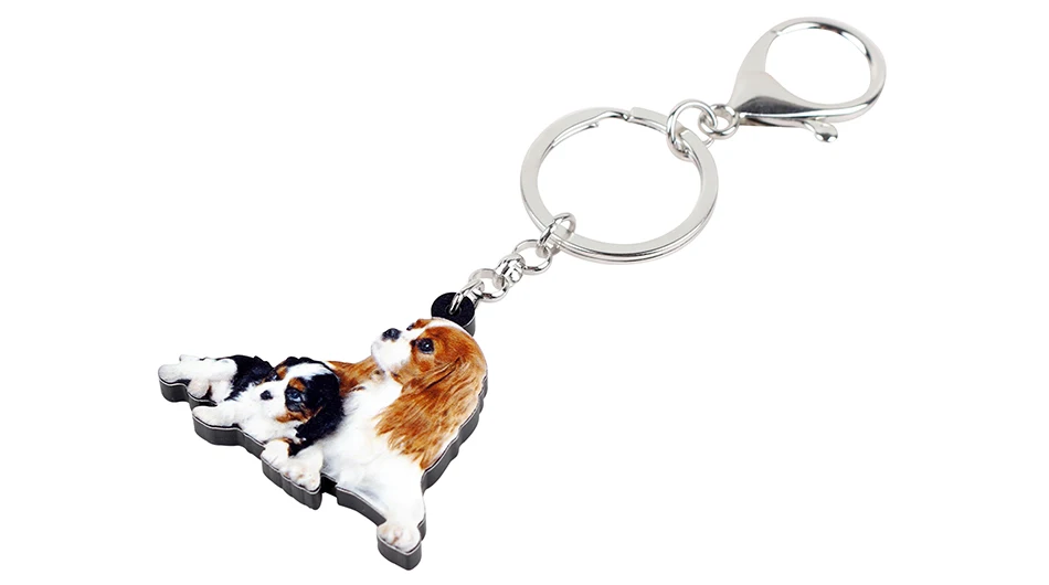 WEVENI Acrylic Cute Double Cavalier King Charles Spaniel Dog Key Chains Keychains Rings Bag Car Charms Jewelry For Women Girls