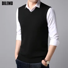 Новинка, модный жилет, свитер, мужские пуловеры с v-образным вырезом, облегающие вязаные Джемперы без рукавов, зимний Корейский стиль, повседневная одежда для мужчин
