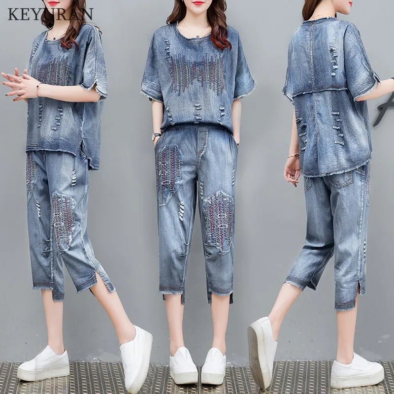 

Jeans Loose Two Piece Set Women's Summer Suit Fashion Embroidery Top&pants Set Conjunto Feminino Ensemble Femme Survetement