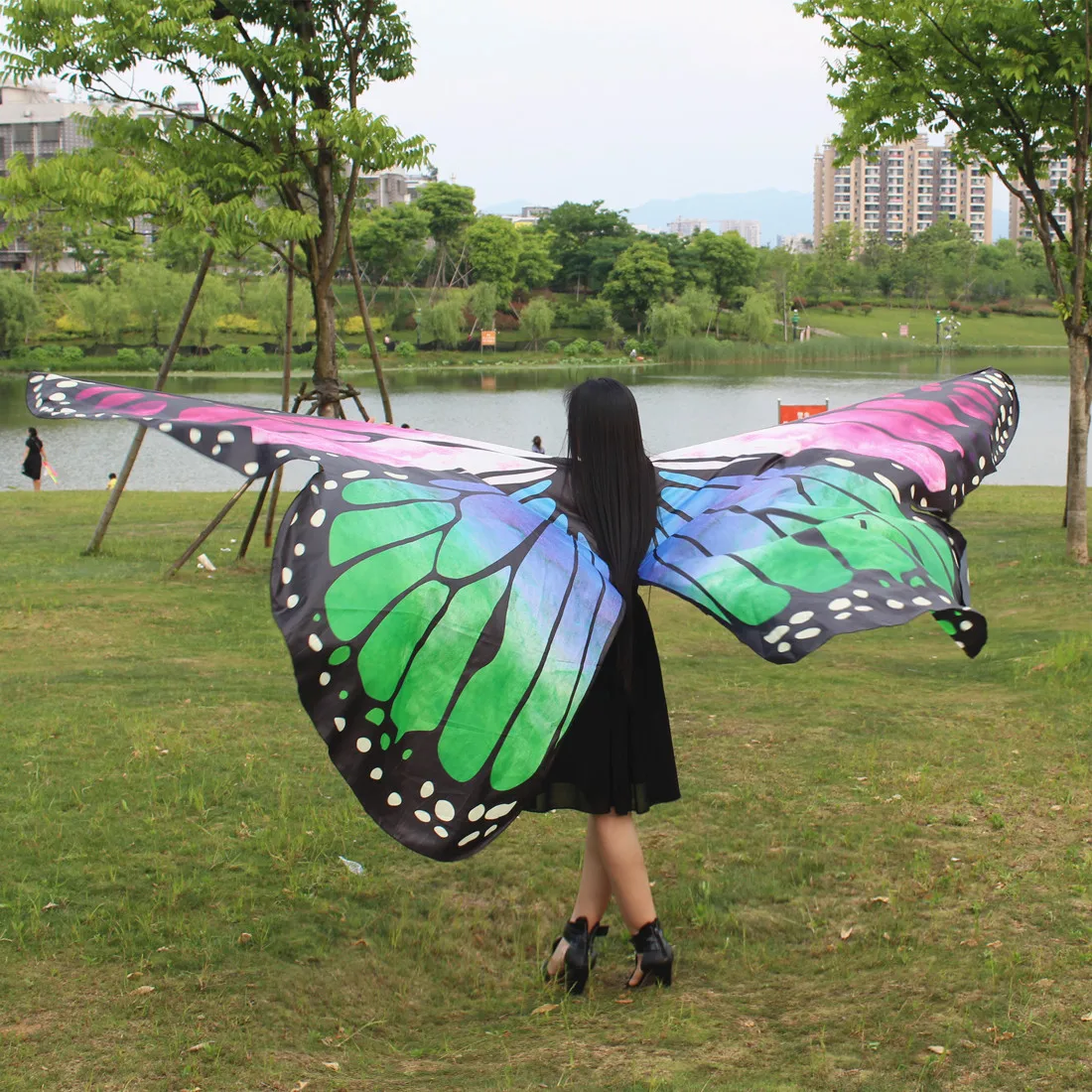 360 градусов вращающийся бабочка крыло шаль украшены для женщин бабочка печати шифон пляжные шарфы танец живота нет палки - Цвет: as picture