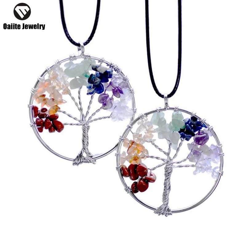 oaiite Life of Tree Necklaces 7 Chakra Imitate Stone Beads Natural Citrine Amethyst Agate Pendant Necklace Leather Chains N0047