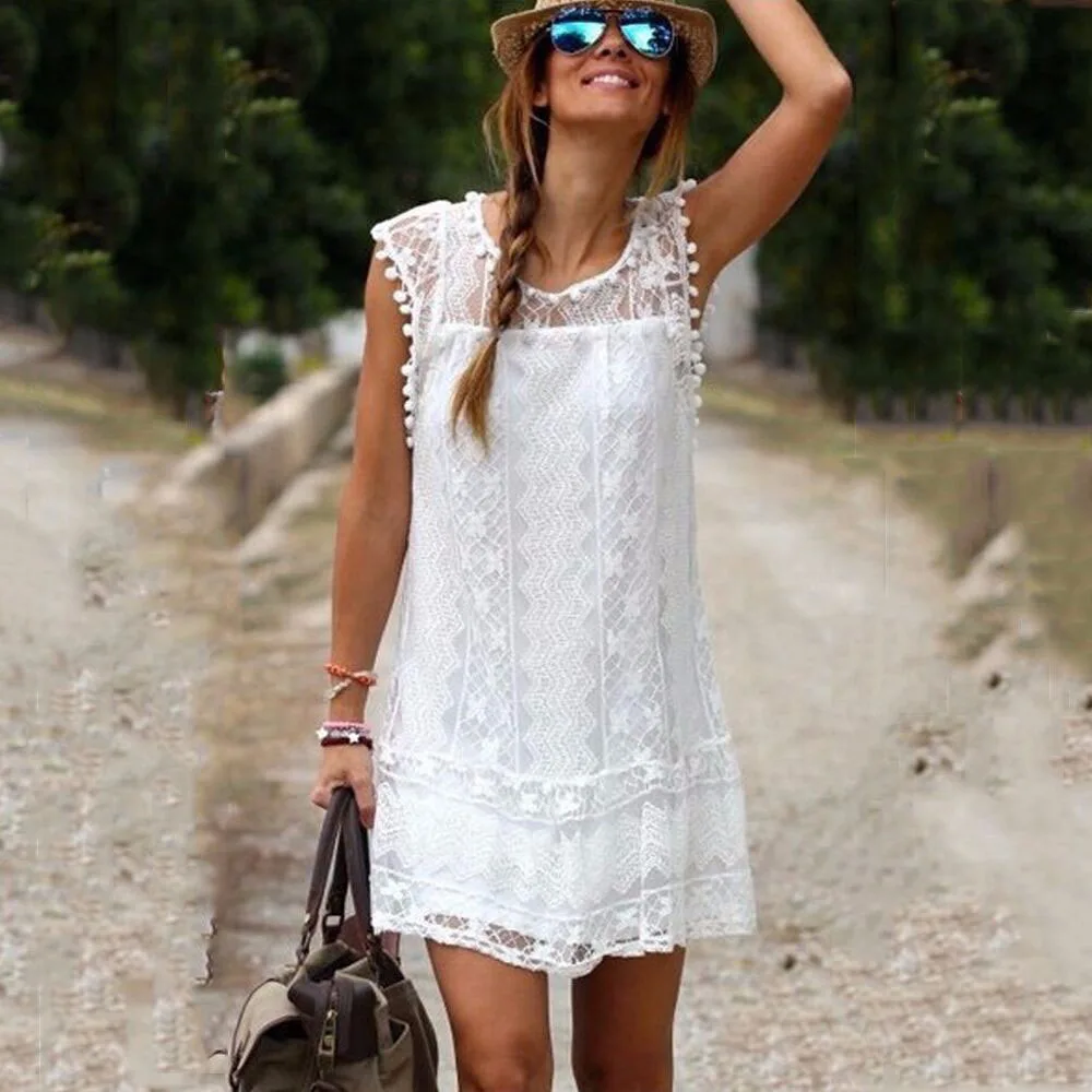 2015 new fashion women white lace mini dress casual o neck sleeveless