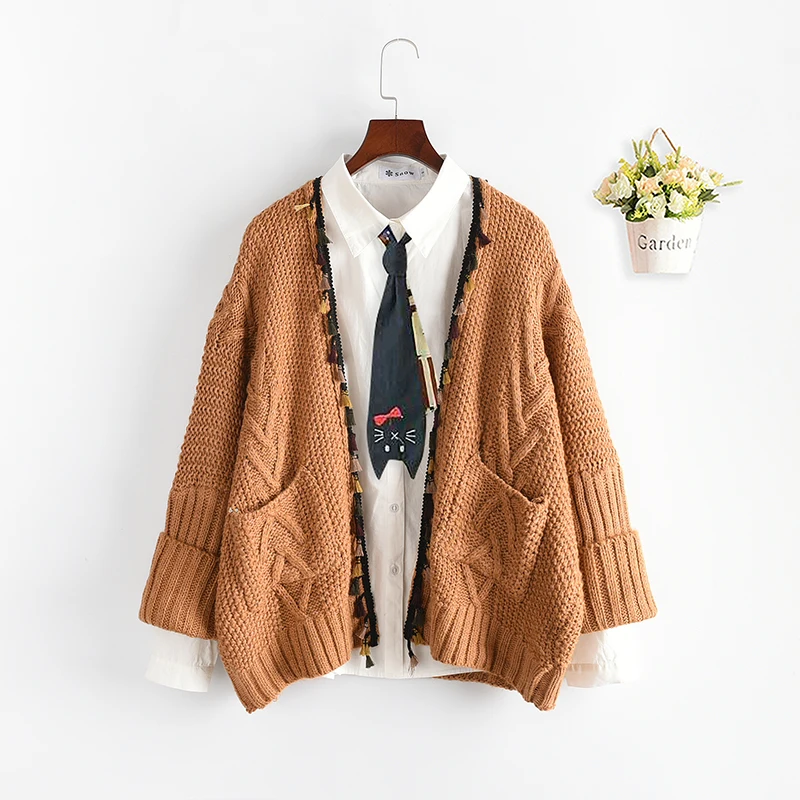 Осенне-зимний винтажный кардиган с кисточками размера плюс, Женский коричневый вязаный свитер, Кардиган с длинным рукавом, вязаный свитер
