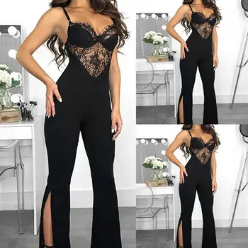 

New Women Ladies Fashion Casual Summer Jumpsuit Solid Lace Sleeveless V Neck Jumpsuit Party Clubwear