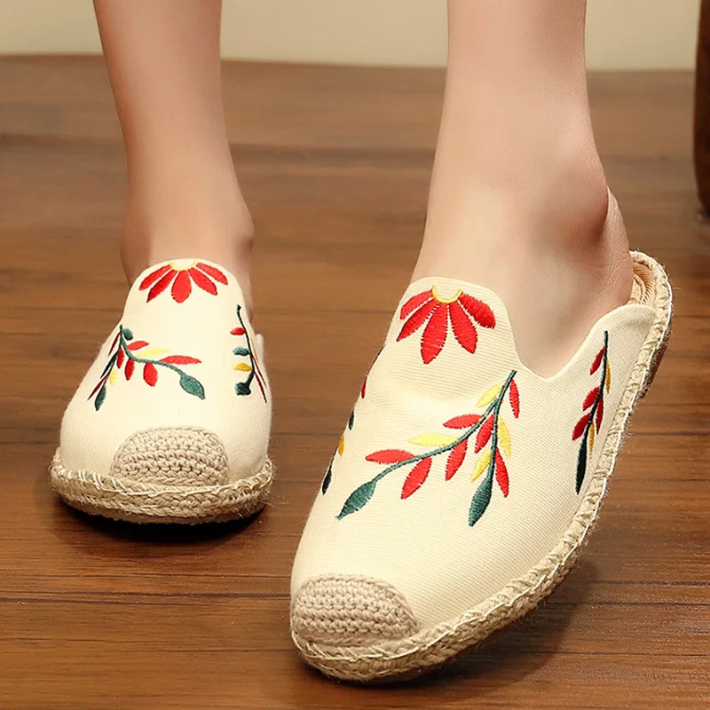 Embroidery Leaves Closed Toe Beach Shoes Women Straw Rope Knitting ...