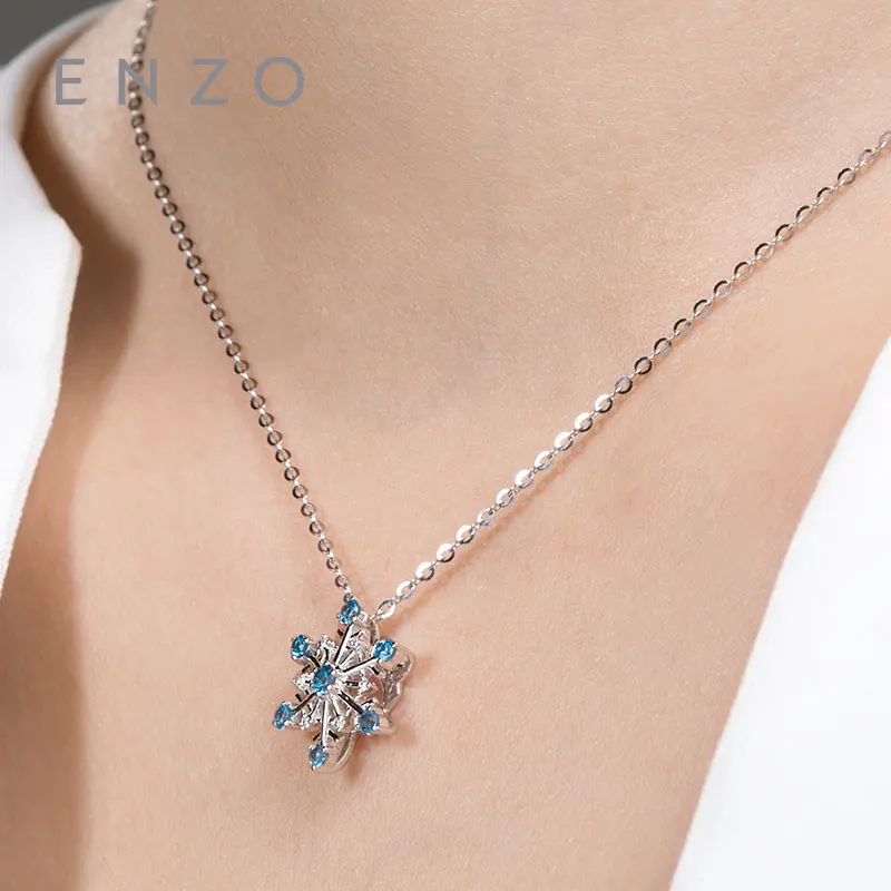 

ENZO Snowflake Shape Natural Womenly Gemstone Certified Blue Topaz with Genuine 18K White Gold Pendant Elegant Jewelry