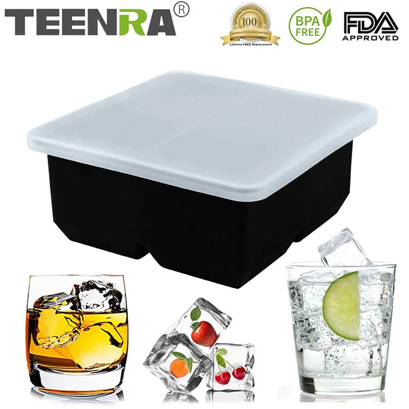 

TEENRA 4 Holes Square Ice Cube Mold Maker Silicone Ice Tray With Lid Ice Balls Silicone Form Lid Round Sphere Mold Lid Kitchen