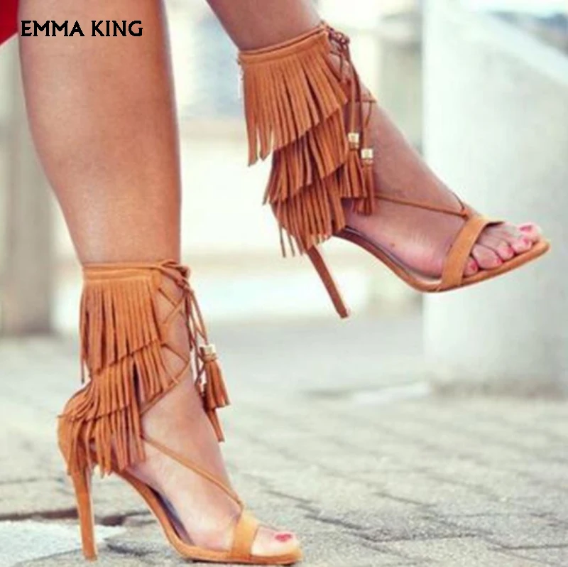 

Sexy Gladiator Suede Tassel Sandals Women Covered Open toe Fringed Lace up Female Stiletto Heels Sandalias mujer Dress Shoes