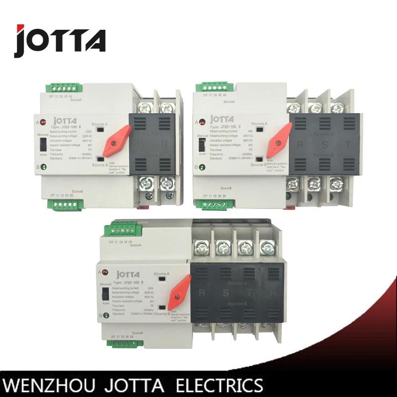 

Jotta W2R-2P/3P/4P Mini ATS Automatic Transfer Switch 100A 2P/3P/4P Electrical Selector Switches Dual Power Switch Din Rail Type