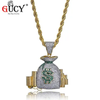 

GUCY Hip Hop Money Bag Stack Cash Coins Pendant Necklace All Iced Out Copper Gold Color Micro Pave CZ Men's Charm Jewelry Gift