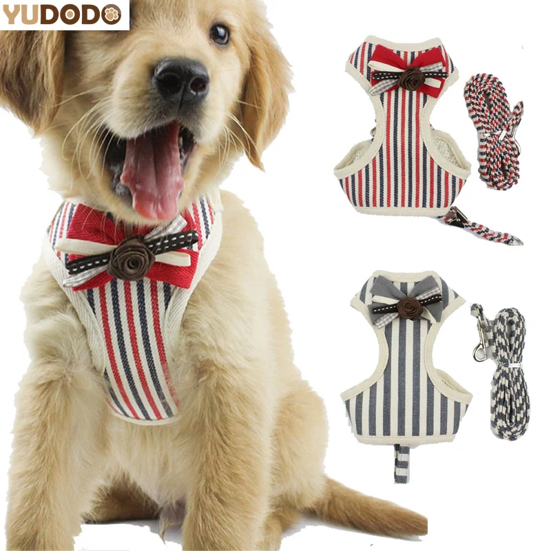 Double Mesh Cute Dog Leash Harness Yorkie Rose Bowknot Cotton Collar
