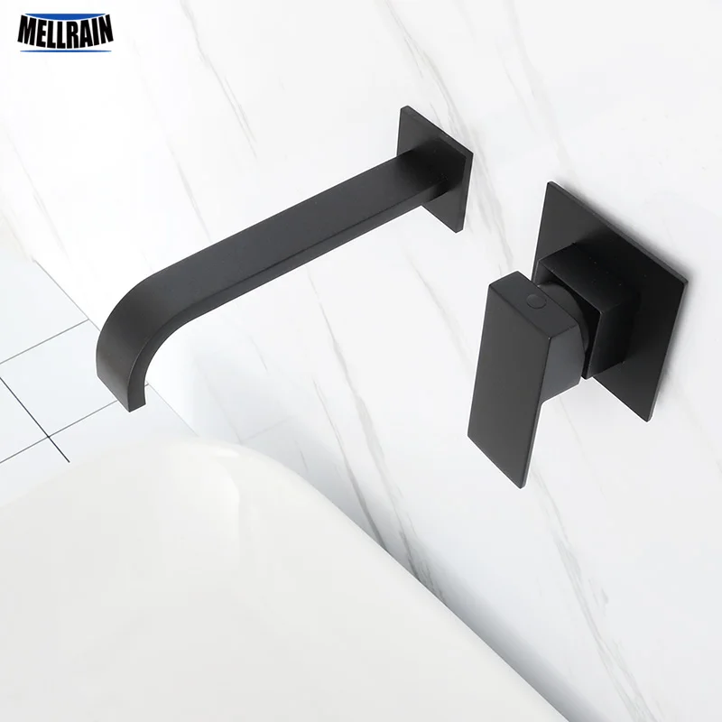 Matt Black Plated Bathroom Wall Mounted Faucet Quality Brass Waterfall Basin Water Mixer Single Handle Square Tapware