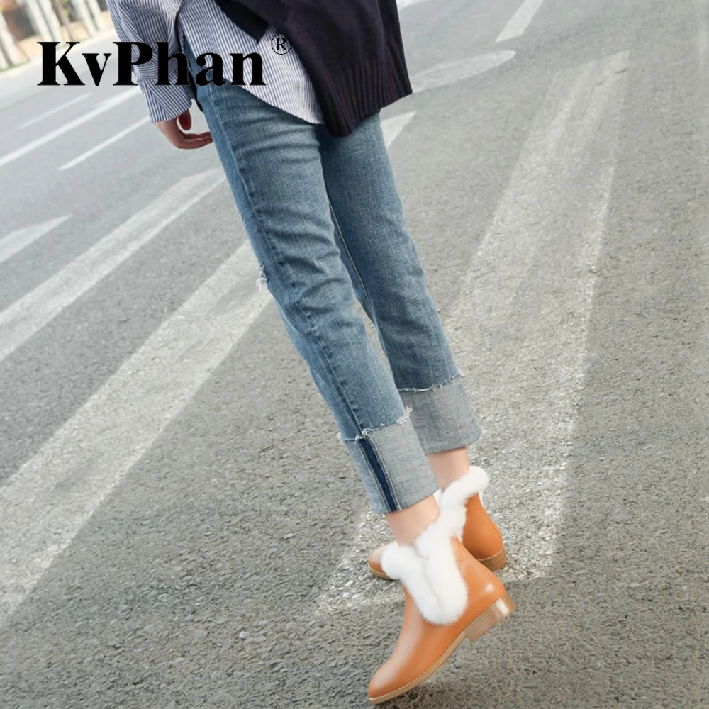 

KvPhan Women Winter Square Heels 2 cm Black Warm Boots New Real Cow Leather Soft Real Rabbit Khaki Round Toe Basic Slip-on Shoes