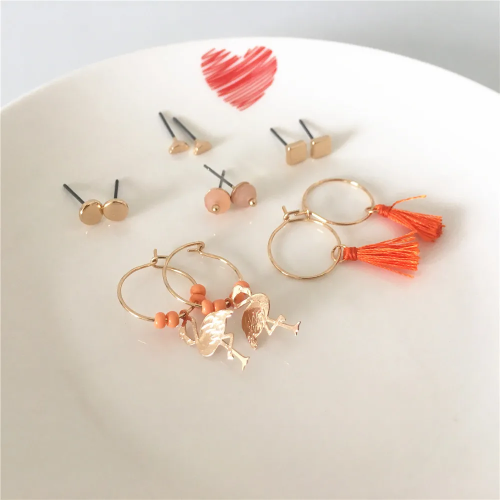 CHIC HOT SUMMER ORANGE THREAD TASSEL WITH FLAMINGO 6 PAIR EARRINGS SET FOR WOMEN