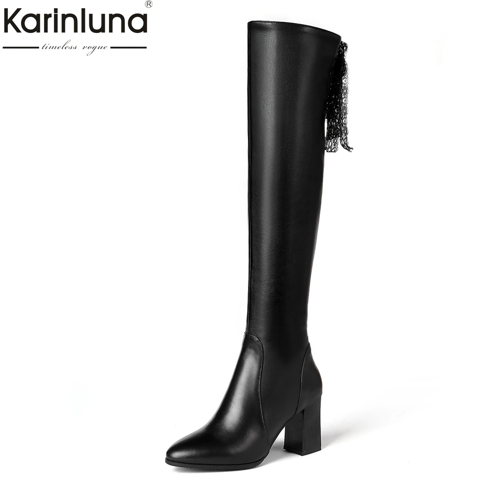 

KarinLuna 2018 Genuine Leather Plus Size 31-45 Fashion Party Shoes Woman Boots High Heels Top Quality Woman Knee High Boots