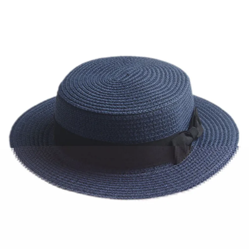 Модная женская летняя соломенная плоская шляпа Toquilla для элегантной леди, шляпа от солнца Fedora, Женская пляжная Панама от солнца - Цвет: Dark Blue