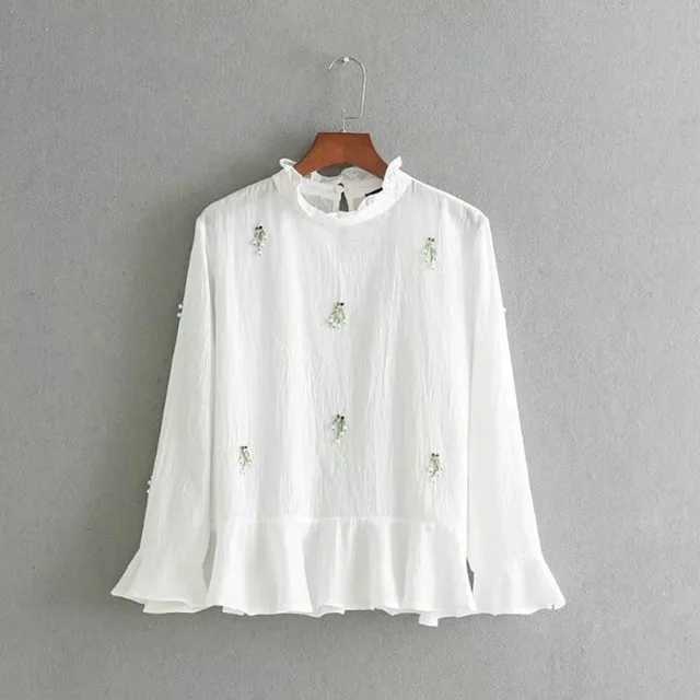 

2018 women vintage butterfly sleeve beading decoration white pullover shirt blouse business femininas blusa slim tops
