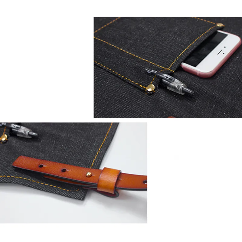Black Gray Denim Apron Leather Straps D82A-12