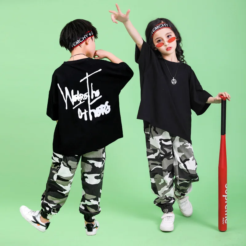 

Black Girls Boys Hip Hop Dancing Costumes for Kids Short T Shirt Tops Camouflage Jogger Pants Jazz Ballroom Dance Clothes Wear
