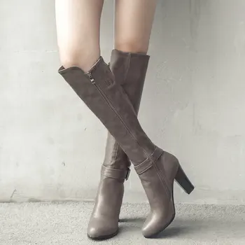 

Women Winter Boots Pu Leather Square High Heel Knee High Boots Zipper Boots Fashion Ladies Shoes Plus Size 2018 New Brown Black