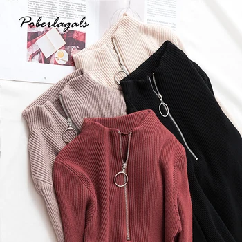 

Casual Zipper Sweater Women Turtleneck Solid spring autumn female Knitted sweater Pullovers long Sleeve chic Soft Jumper top