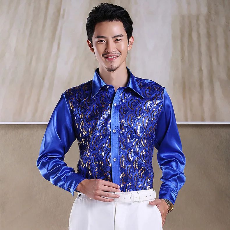 

large size new fashion Men show Sequins shirt men's stage costume party dance colorful shirt long sleeve chemise homme