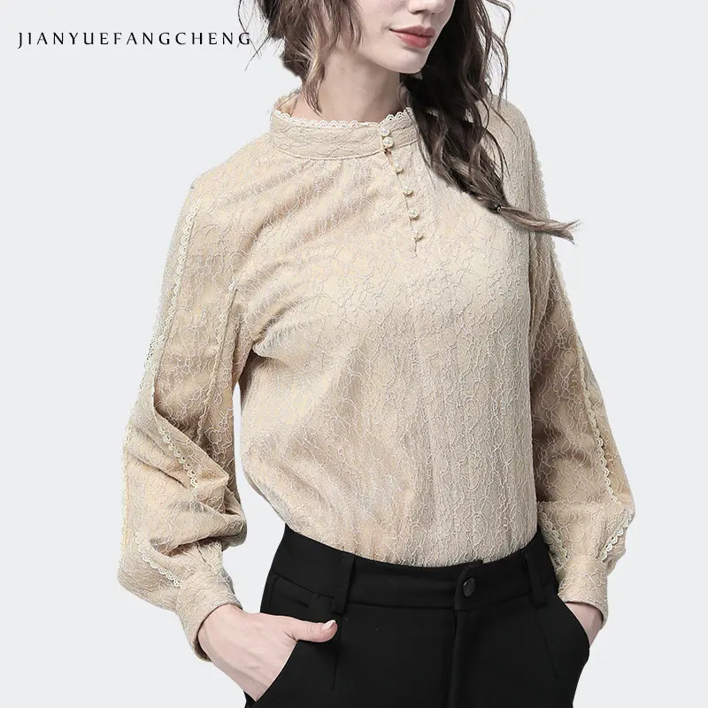 Однотонные кружевные рубашки для женщин размера плюс офисные женские зимние топы с длинным рукавом теплая блузка с воротником-стойкой черная плотная женская одежда - Цвет: Apricot