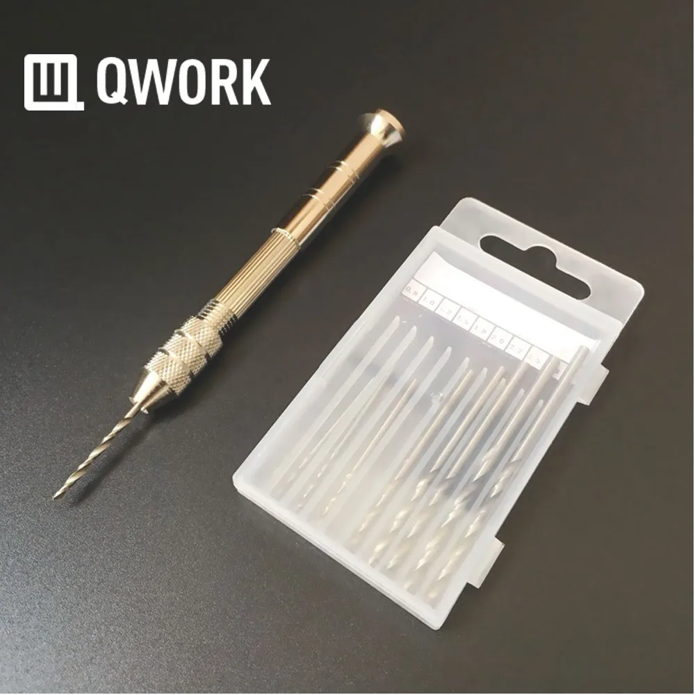 

QWORK Mini Hand Tools Aluminum Hand Drill With Keyless Chuck +10PCS High Speed Steel Twist Drills Rotary Tools Wood Drilling