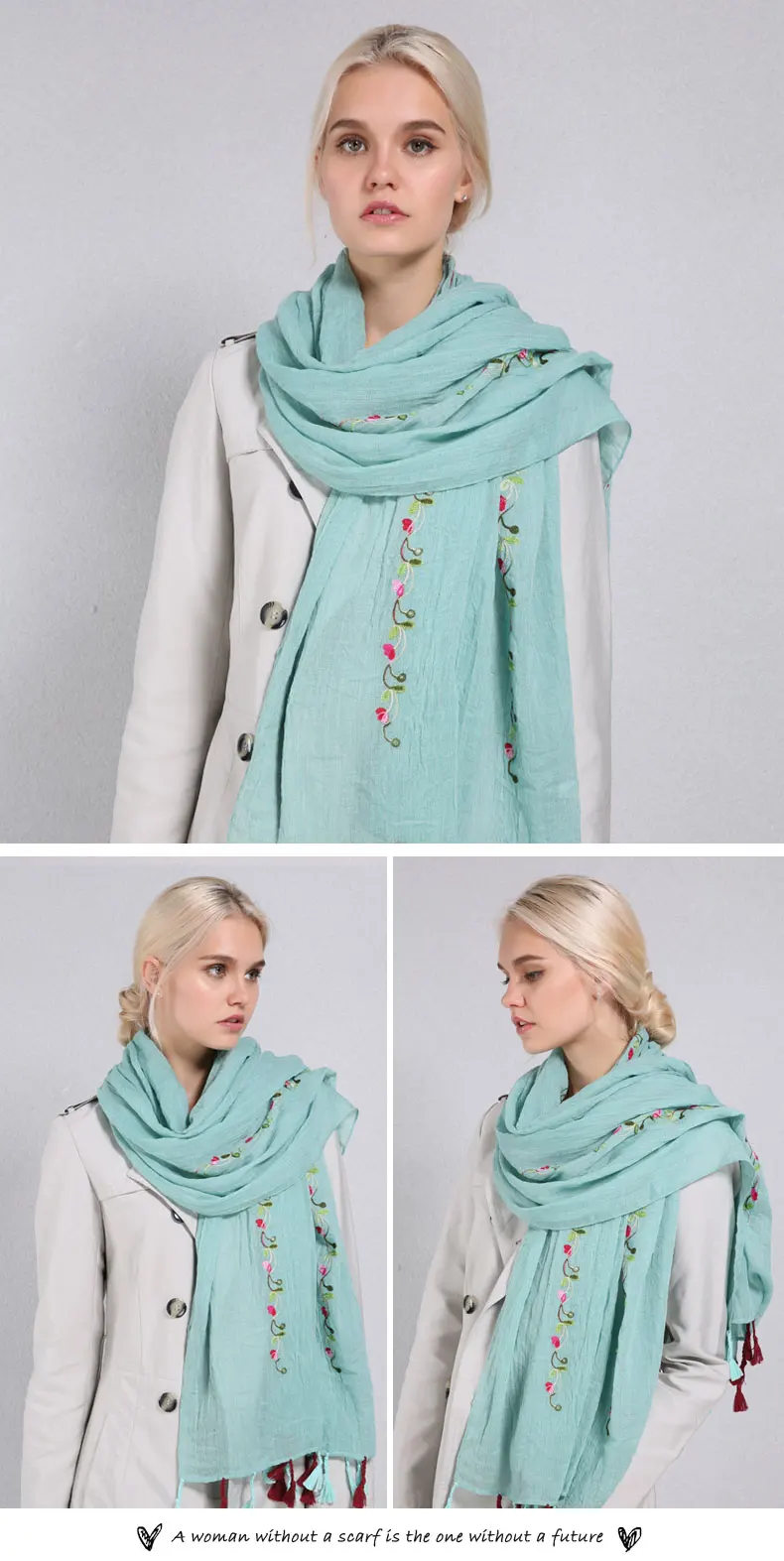 Sparsil Для женщин весна хлопок; Лен; с вышивкой шарф с бахромой летние длинные накидка большого размера мягкие платках хиджаб летнее пляжное