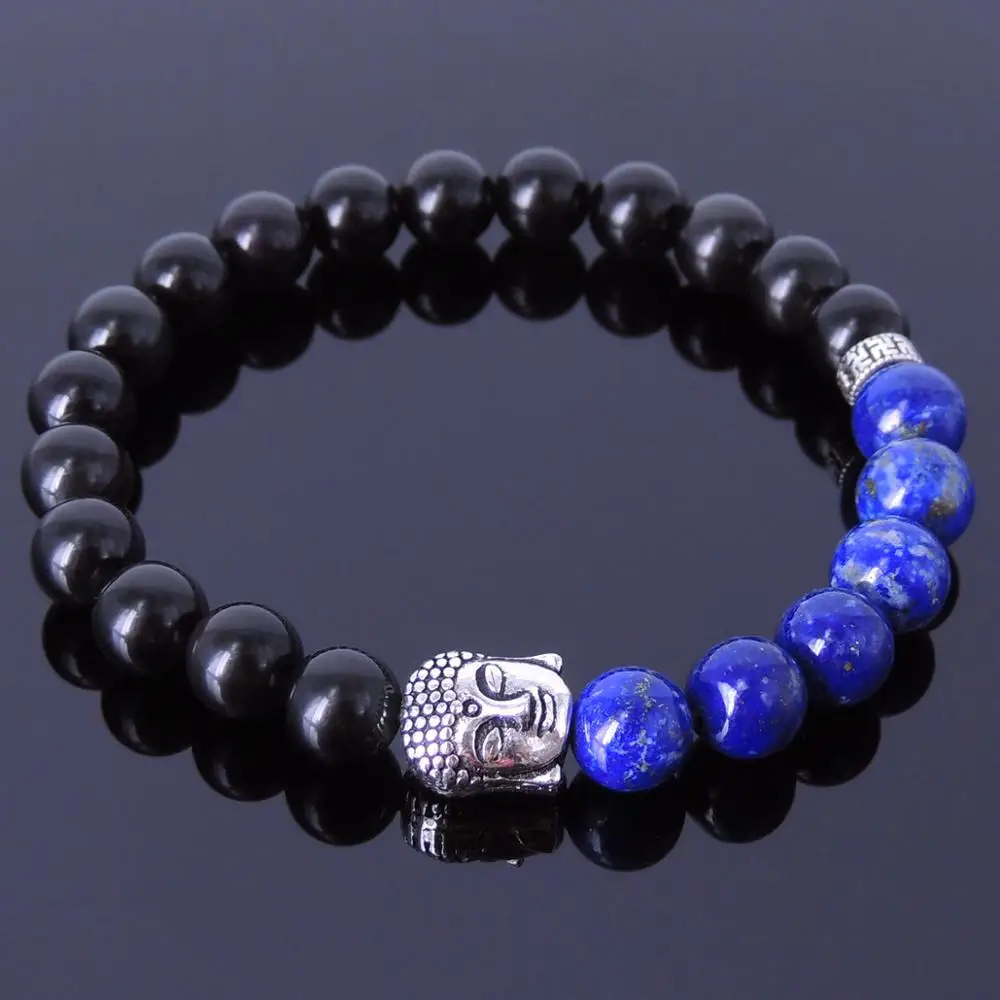 

free shipping Yoga Meditation Zen Buddhism Bracelet Black Obsidian Lapis S925 Sterling Silver